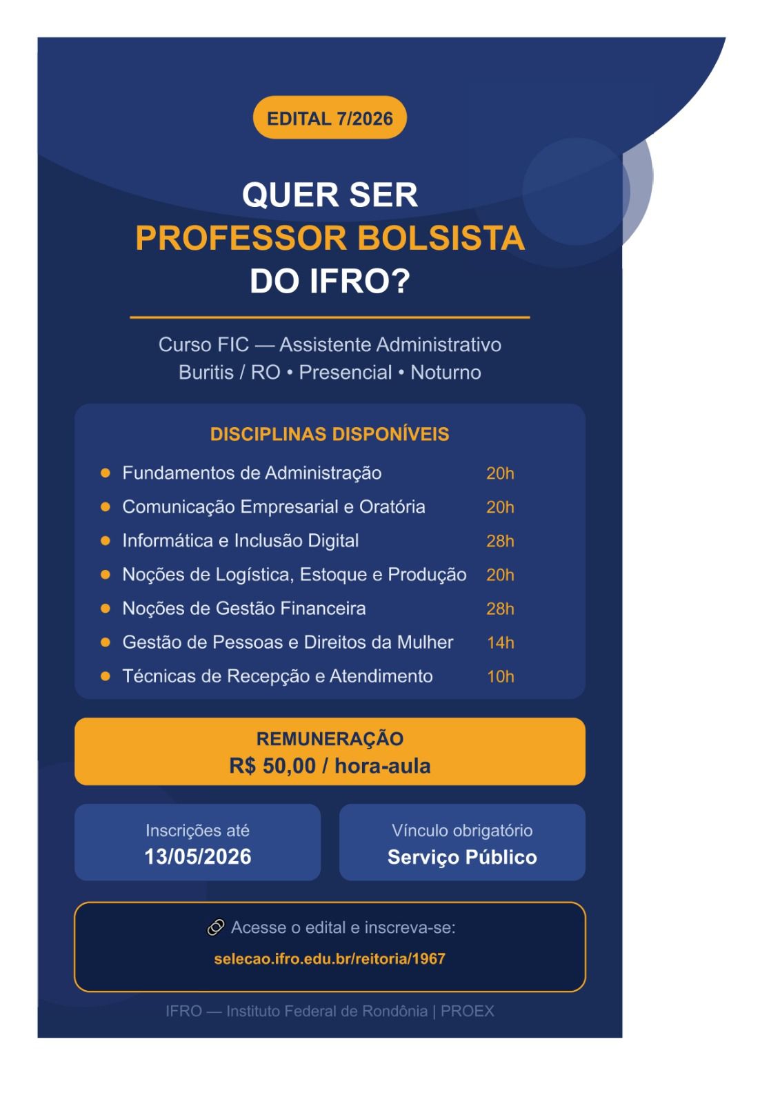 IFRO abre seleção de bolsistas para atuar em curso de Assistente Administrativo em Buritis